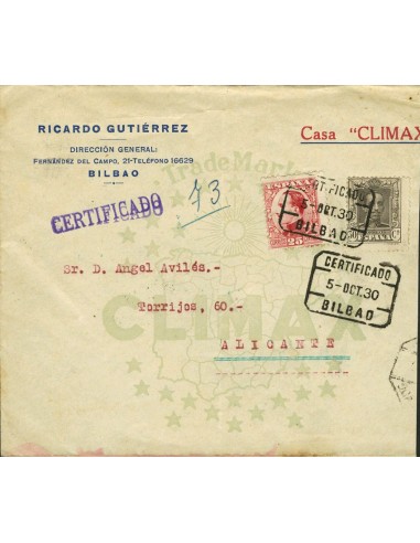 País Vasco. Historia Postal. Sobre 318, 495. 1930. 25 cts y 30 cts. Certificado de BILBAO a ALICANTE. MAGNIFICO.