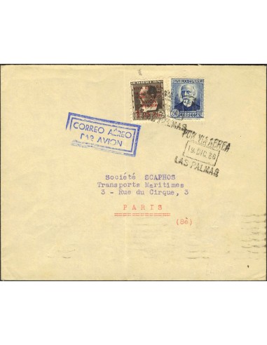 Canarias. Sobre 6. 1936. 1´25 pts sobre 5 cts y 50 cts. LAS PALMAS a PARIS. Al dorso llegada. MAGNIFICA.