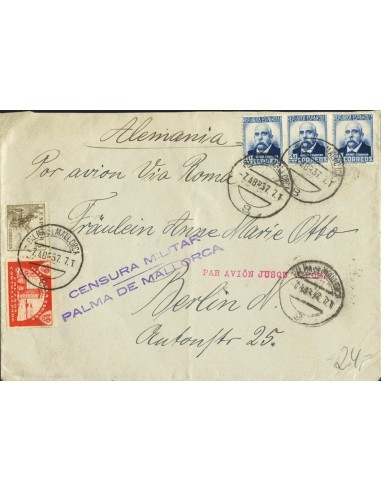 Islas Baleares. Historia Postal. Sobre 670(3), 816. 1937. 5 cts, 40 cts tira de tres y 10 cts sello local PALMA DE MALLORCA. P
