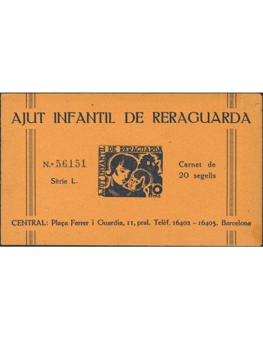 Guerra Civil. Viñeta. *. (1936ca). Carnet completo de veinte sellos del 5 cts rojo AJUT INFANTIL DE RERAGUARDA. MAGNIFICO Y MU