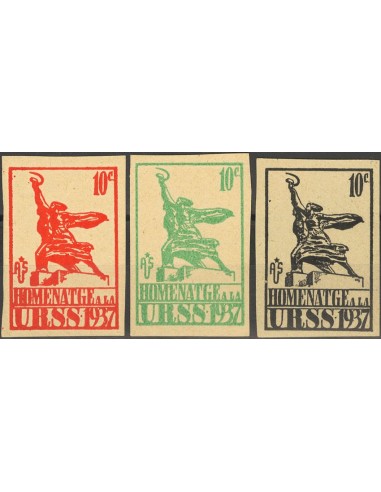 Guerra Civil. Viñeta. *. (1936ca). 10 cts, tres sellos en rojo, verde y negro, SIN DENTAR. HOMENAJE A LA URSS. (Sobre estos va