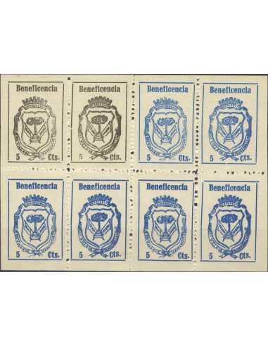 Guerra Civil. Locales. *. (1936ca). 5 cts, bloque de ocho, dos sellos en negro y seis en azul, incluyendo las variedades corre