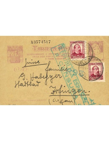 Entero Postal. Sobre EP79, 685(2). 1933. 25 cts lila sobre Tarjeta Entero Postal de BARCELONA a SUIZA con franqueo complementa