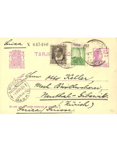 Entero Postal. Sobre EP69, 681, 682. 1936. 15 cts lila sobre Tarjeta Entero Postal de MADRID a ZURICH, con franqueo complement