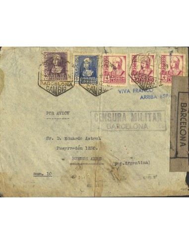 Estado Español Correo Aéreo. Sobre  829(4), 858, 860. 1939. 40 cts, 1 pts y 4 pts, tres sellos. Carta Aérea de BARCELONA a BUE