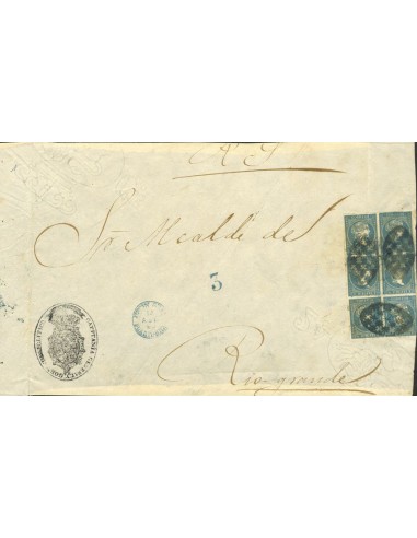 Puerto Rico. Sobre 7(6). 1860. 1 real azul, bloque de seis. Frente de Plica Judicial de SAN JUAN a RIO GRANDE. MAGNIFICA Y RAR