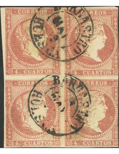 Aragón. Filatelia. º48(4). 1856. 4 cuartos rojo, bloque de cuatro. Matasello BARBASTRO / HUESCA (Tipo I). MAGNIFICO.