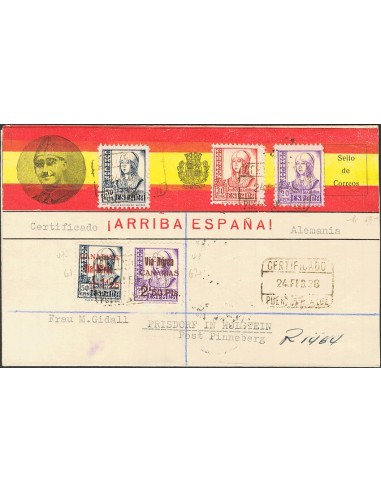 Canarias. Sobre 47, 51. 1938. 1´25 pts y 2´50 pts. Certificado PUERTO DE LA LUZ a ALEMANIA. Al dorso llegada. MAGNIFICA Y RARA