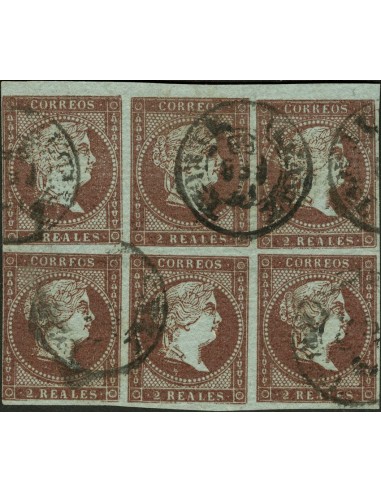 Aragón. Filatelia. º42(6). 1855. 2 reales violeta, bloque de seis. Matasello ALCAÑIZ / TERUEL (Tipo I). MAGNIFICO.