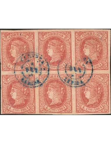 Cataluña. Filatelia. º64(6). 1864. 4 cuartos rojo, bloque de seis. Matasello CERVERA / LERIDA, en azul. MAGNIFICO Y RARO.