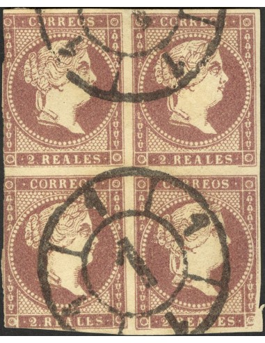 Madrid. Filatelia. º50(4). 1856. 2 reales violeta, bloque de cuatro. Matasello R. CARRETA Nº1. MAGNIFICO.