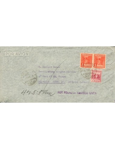 Andorra. Sobre 42, 54(2). 1949. 1 pts, pareja y 4 pts. Carta Aérea de ANDORRA LA VIEJA a NUEVA YORK. En el frente "NOT FOUND A