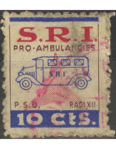 Guerra Civil. Viñeta. º. 1937. 10 cts azul y rojo. S.R.I., PRO-AMBULANCES. MAGNIFICA. (Guillamón 1599).