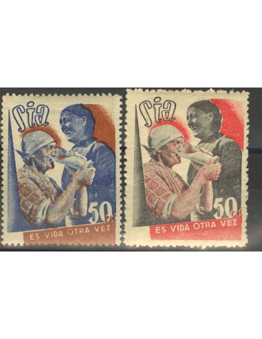 Guerra Civil. Viñeta. *. 1937. 50 cts, dos sellos, uno de ellos ROJO EN LUGAR DE CASTAÑO. S.I.A., ES VIDA OTRA VEZ. MAGNIFICA.