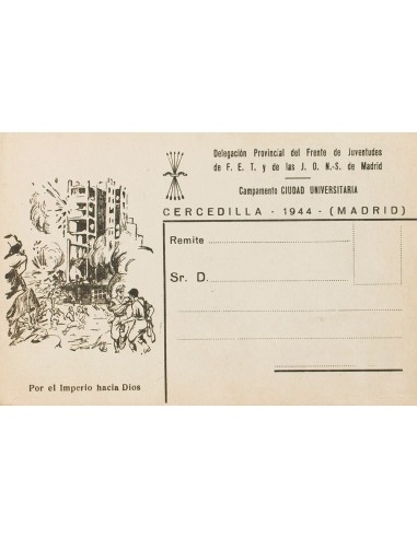 Guerra Civil. Postal Nacional. Sobre . 1944. Tarjeta Postal Ilustrada del FRENTE DE JUVENTUDES DE F.E.T. Y DE LAS J.O.N.S. CAM