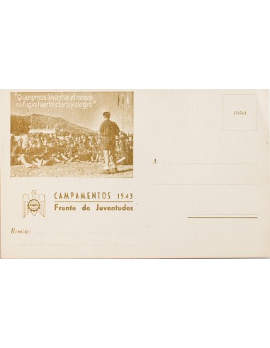 Guerra Civil. Postal Nacional. Sobre . 1943. Tarjeta Postal Ilustrada del FRENTE DE JUVENTUDES. CAMPAMENTOS 1943. REUNION. MAG