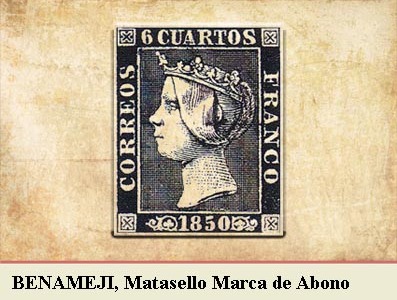 BENAMEJI, MARCA DE ABONO CANCELANDO LA EMISIÓN POSTAL DE 1 DE ENERO DE 1850