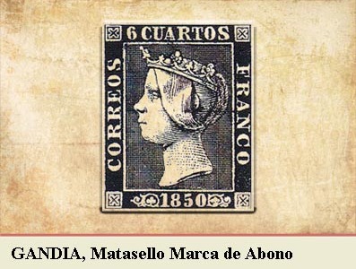 GANDIA, MARCA DE ABONO CANCELANDO LA EMISIÓN POSTAL DE 1 DE ENERO DE 1850
